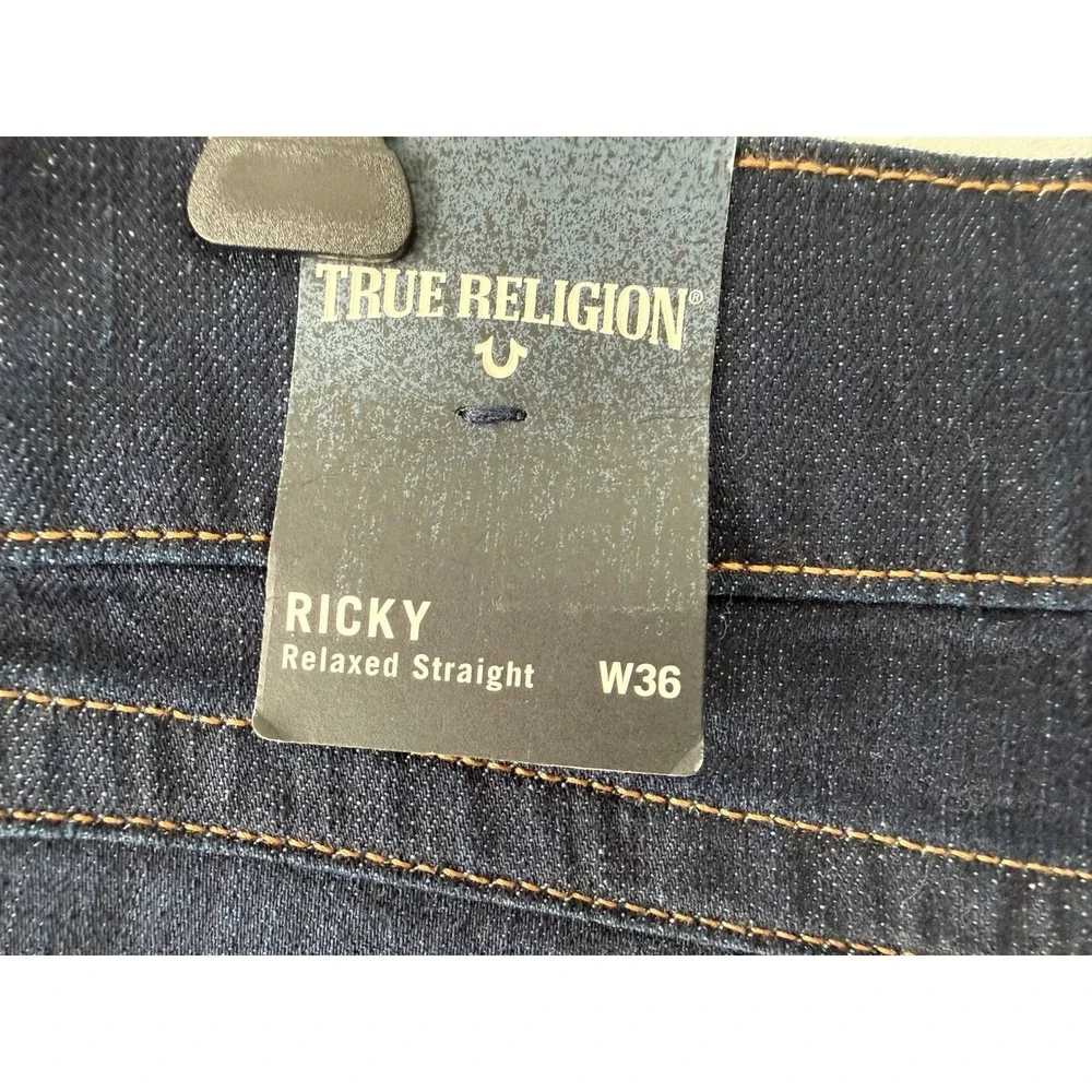True Religion Ricky Relaxed Straight Jeans Mens 36x34 Dark Indigo Blue Denim NWT